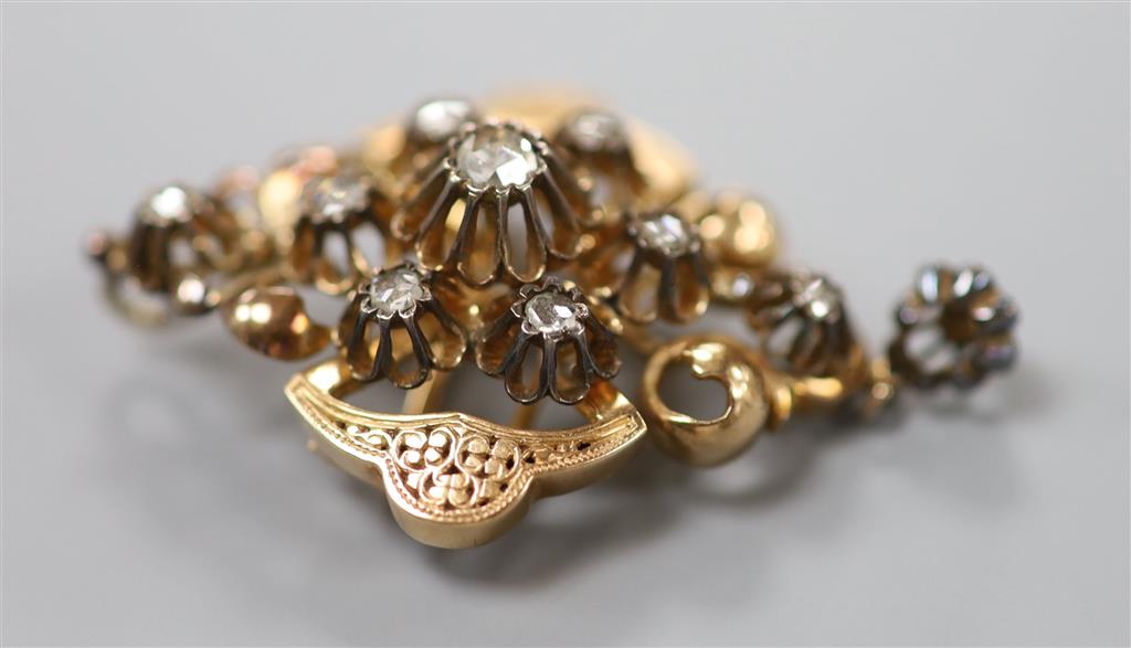 A late 19th/early 20th century Austro-Hungarian yellow metal and rose cut diamond set drop pendant brooch, 46mm